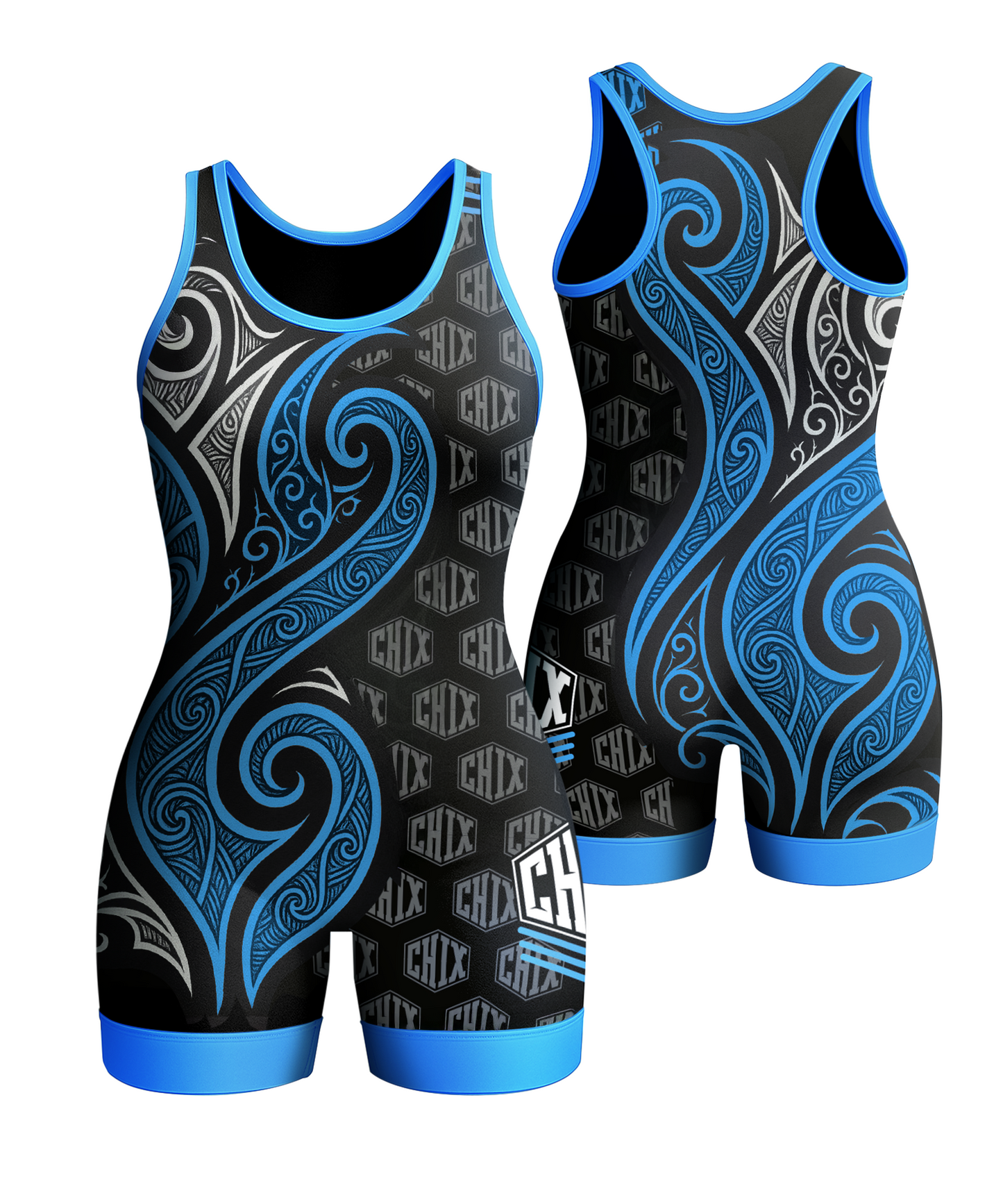 Wrestling Chix Blue & White Tribal Singlet