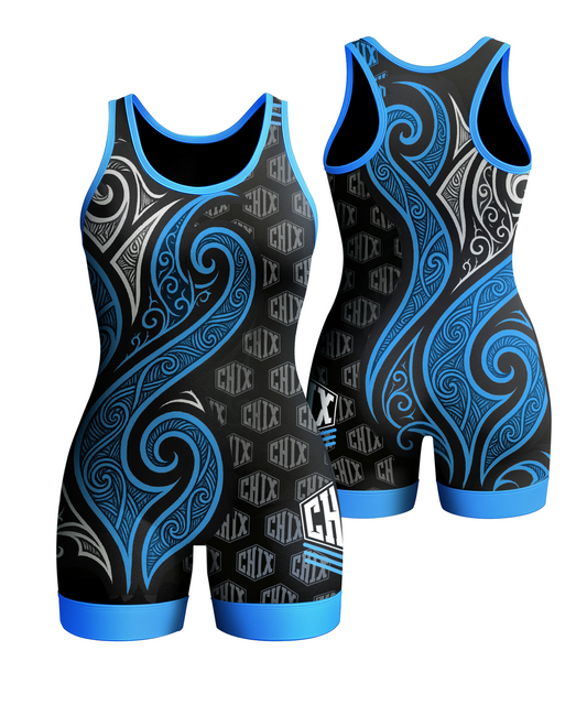 Wrestling Chix Blue & White Tribal Singlet