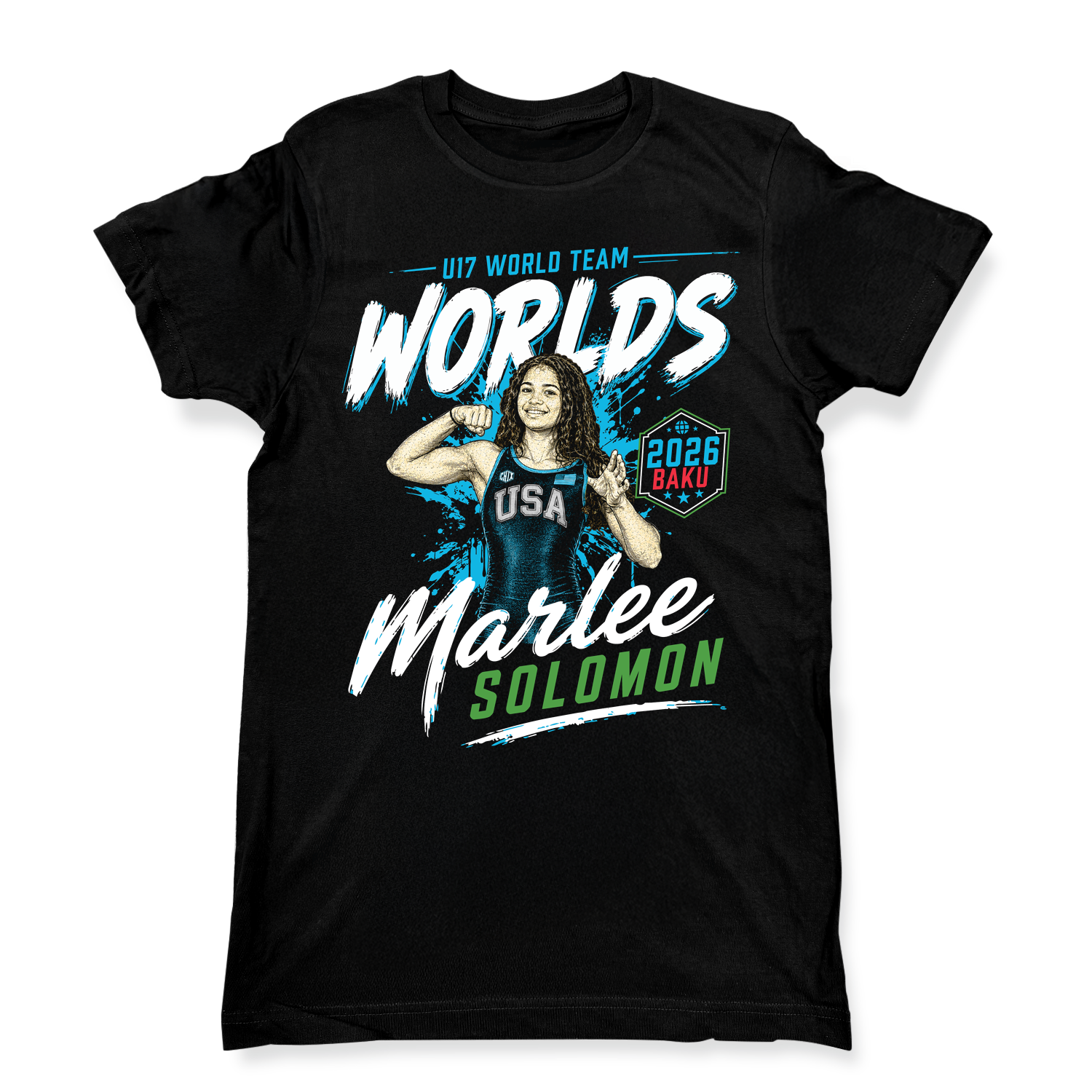 Black t-shirt with a graphic of a woman flexing her arm, text 'U17 World Team Worlds 2023 PAKU', and 'Marlee Solomon'.