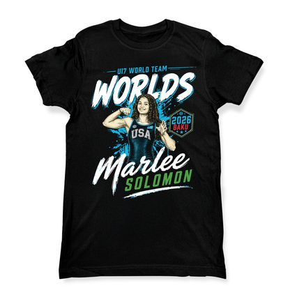 Black t-shirt with a graphic of a woman flexing her arm, text 'U17 World Team Worlds 2023 PAKU', and 'Marlee Solomon'.