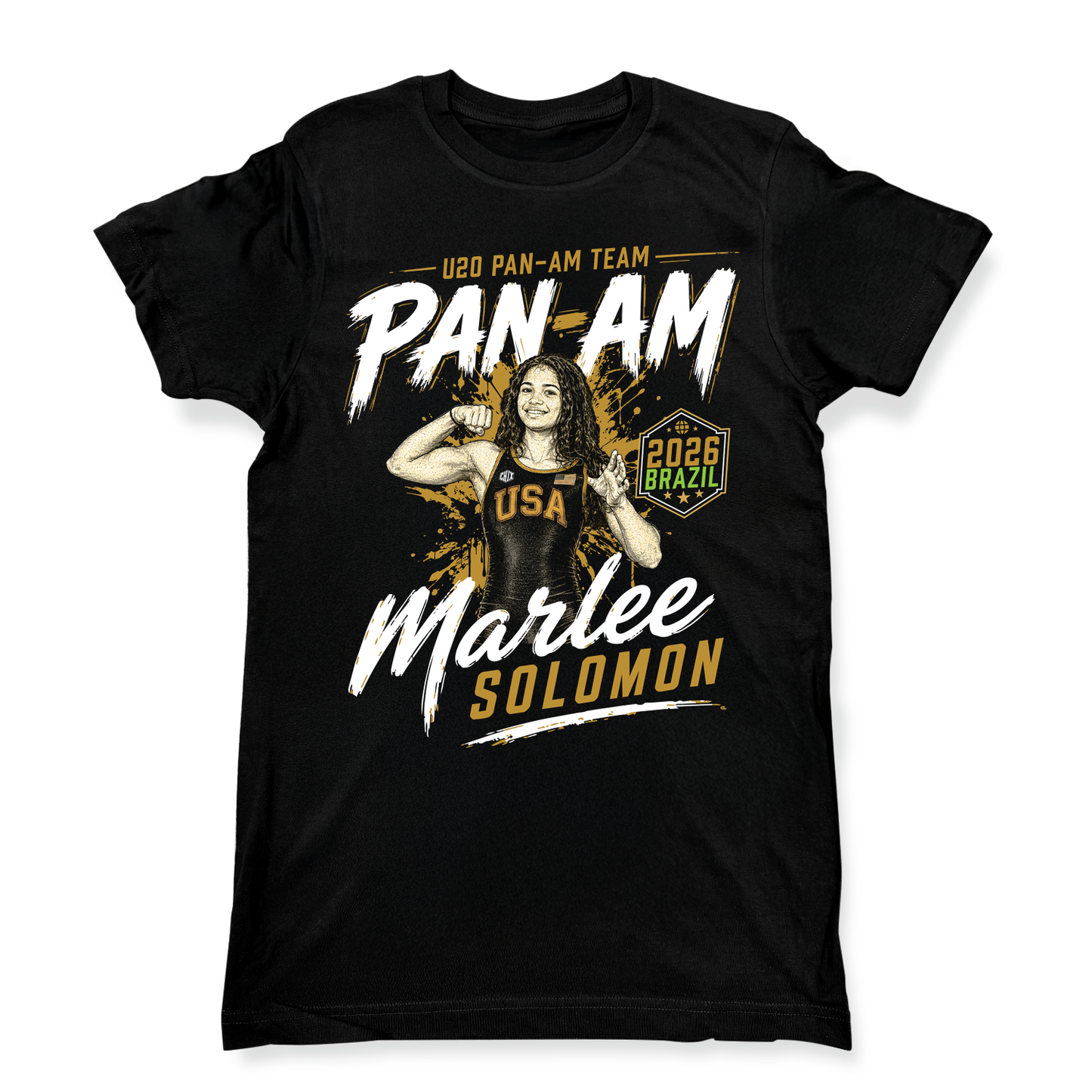 Black t-shirt with Pan-Am Team design featuring a woman and text on a white background