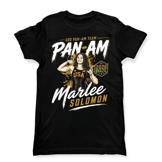 Black t-shirt with Pan-Am Team design featuring a woman and text on a white background