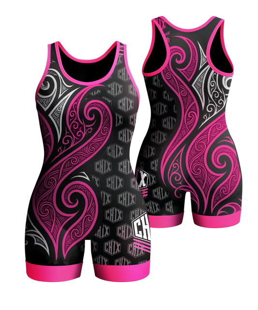 Wrestling Chix Pink & White Tribal Singlet